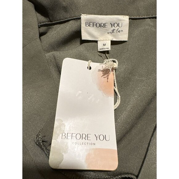 BEFORE YOU Short Sleeve V-Neck Collared Blouse Olive Green NWT Lagenlook Medium - Picture 5 of 6